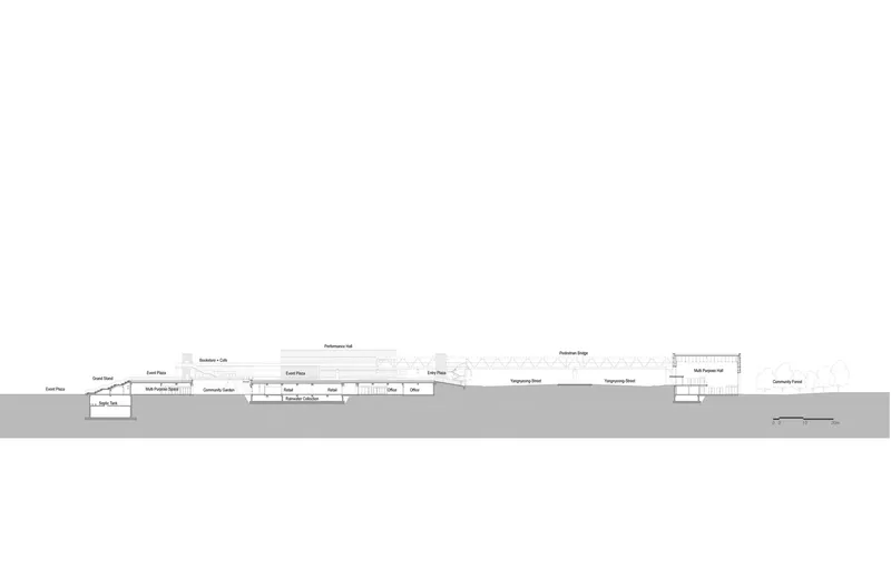 Section drawing showing the longitudinal cut through a series of labeled interior spaces and exterior courtyards