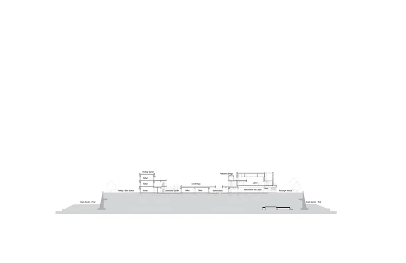 Section drawing depicting the building profile with varied roof heights and flanking landscape elements