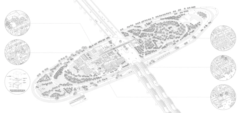 Site plan drawing showing the elongated building footprint surrounded by dense tree planting with detail vignettes