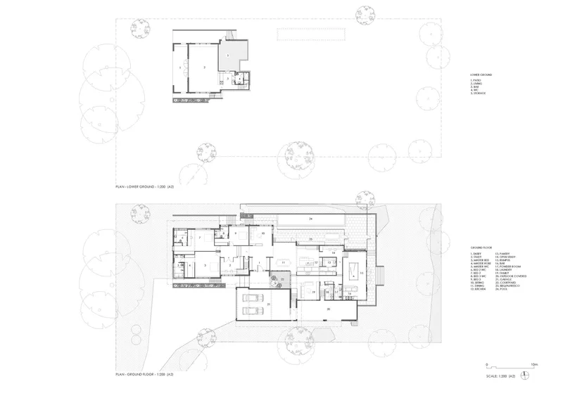 Floor plan drawings showing the upper and ground levels with surrounding tree canopies indicated by circles