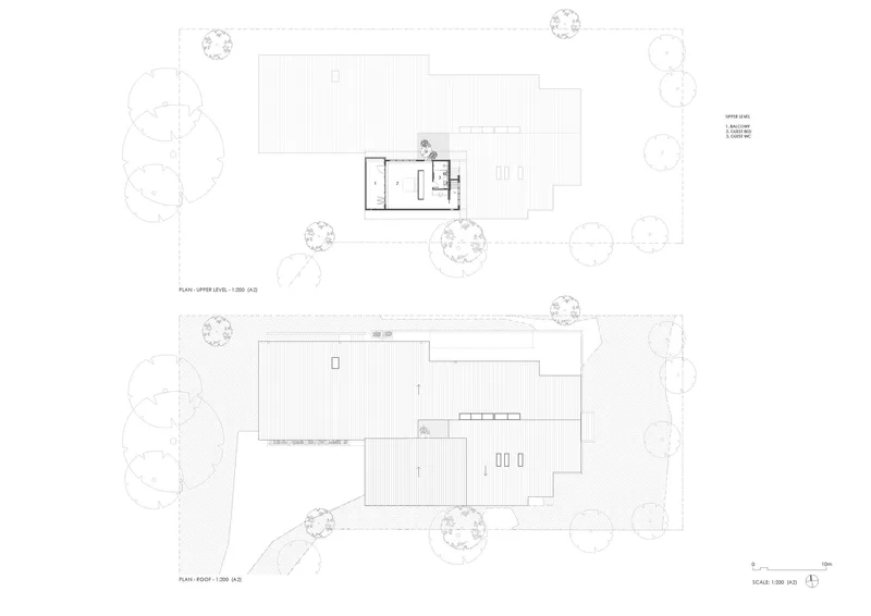 Floor plan drawings showing the upper level and roof level with linear roof patterns and tree placement