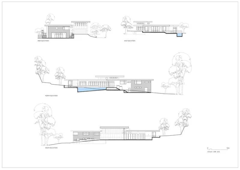 Elevation drawings from four cardinal directions showing the residence set into sloping terrain with surrounding trees
