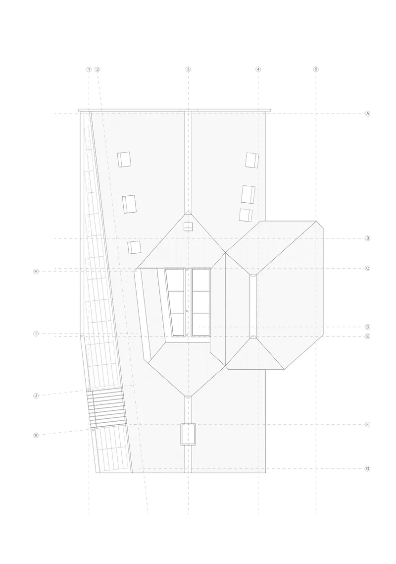 Roof plan drawing showing a diamond-shaped volume with pyramidal roof forms and adjacent terrace