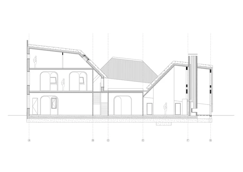 Section drawing revealing sloped roof profiles over two-story interior spaces with arched openings