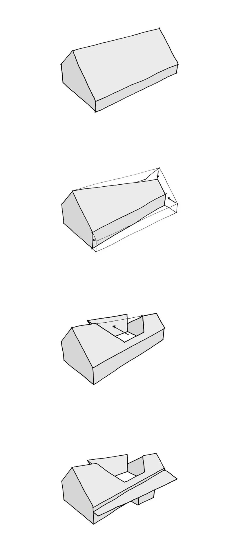 Axonometric sketch sequence illustrating four stages of volumetric transformation with folding roof planes