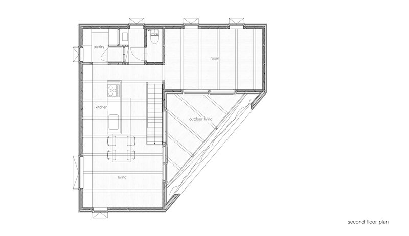 Second floor plan drawing showing open living areas with angled outdoor living space and clerestory windows