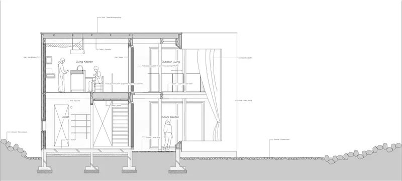 Section drawing showing split-level interior volumes with figures, stairs, and raised floor on concrete piers