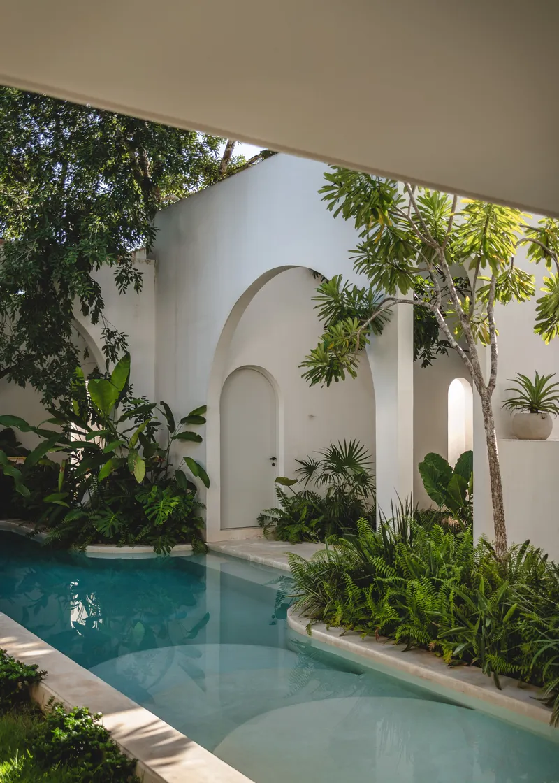 Courtyard pool with arched white walls and tropical plantings in dappled sunlight