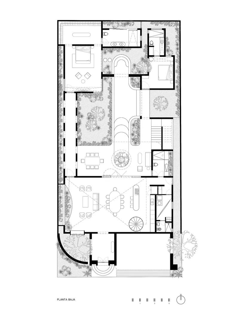 Ground floor plan showing rooms arranged around central courtyard pool and planted areas