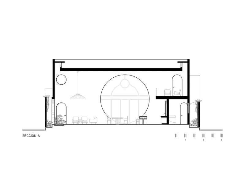 Section drawing showing interior volumes with central circular skylight and arched openings flanked by planters