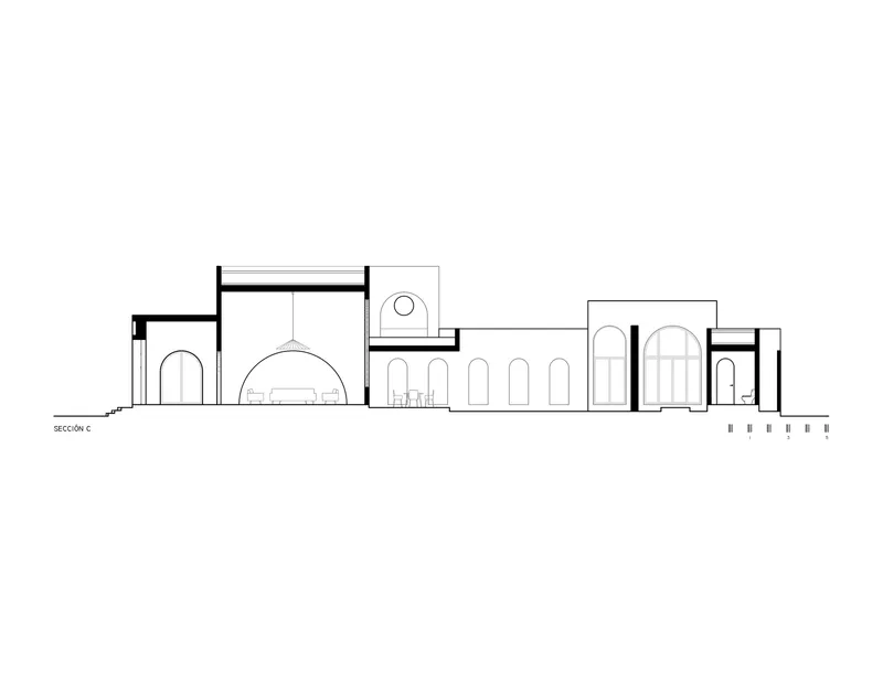 Section drawing displaying varied ceiling heights with domed and vaulted spaces connected by arched doorways