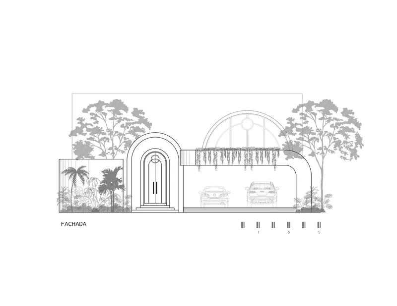 Elevation drawing of arched entry portal and carport with parked vehicles surrounded by palm and shade trees