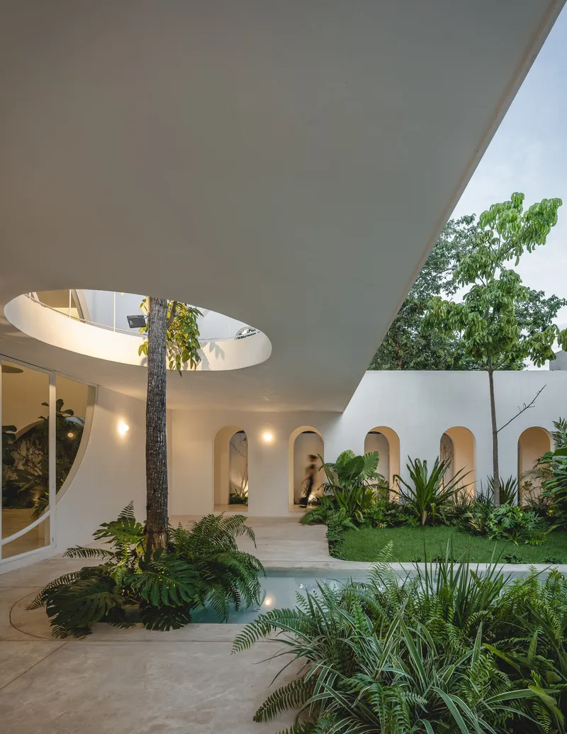 Covered terrace with circular skylight around tree trunk above planted courtyard pool and arched openings