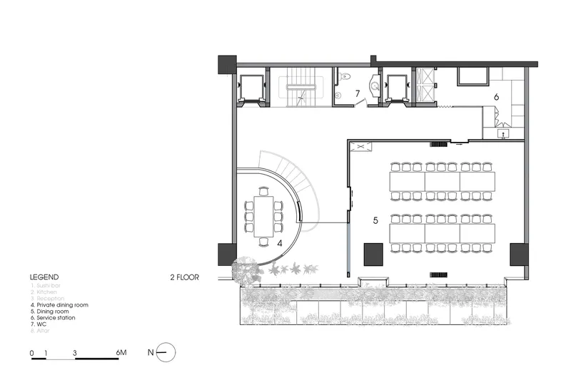 Second floor plan drawing showing dining room with rows of seating and adjacent exterior terrace plantings