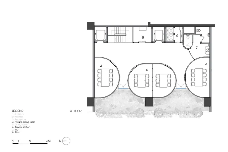 Floor plan drawing showing four private dining rooms with curved wall partitions and service areas