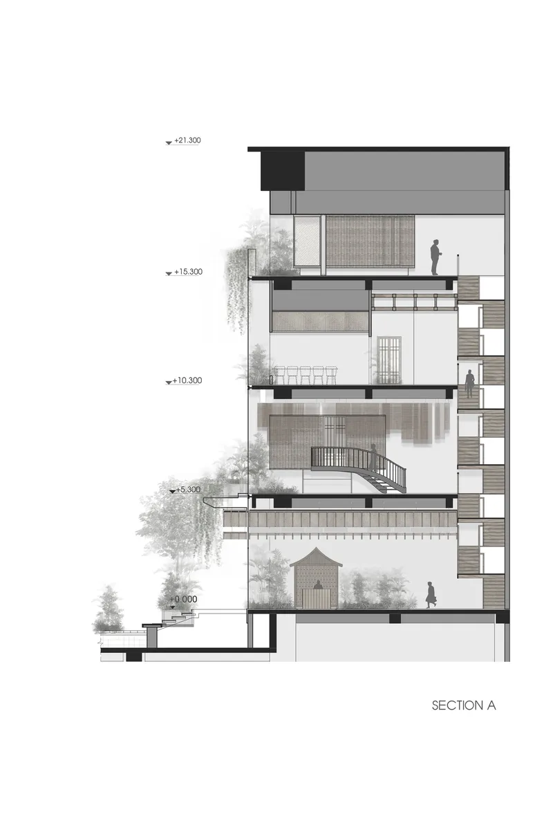 Section drawing revealing terraced levels with interior spaces and trees at multiple heights