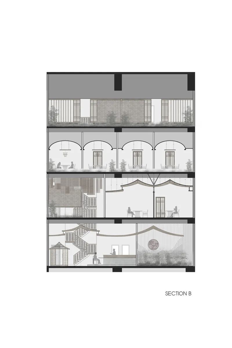 Section drawing showing curved archways spanning across multiple floors with a central staircase