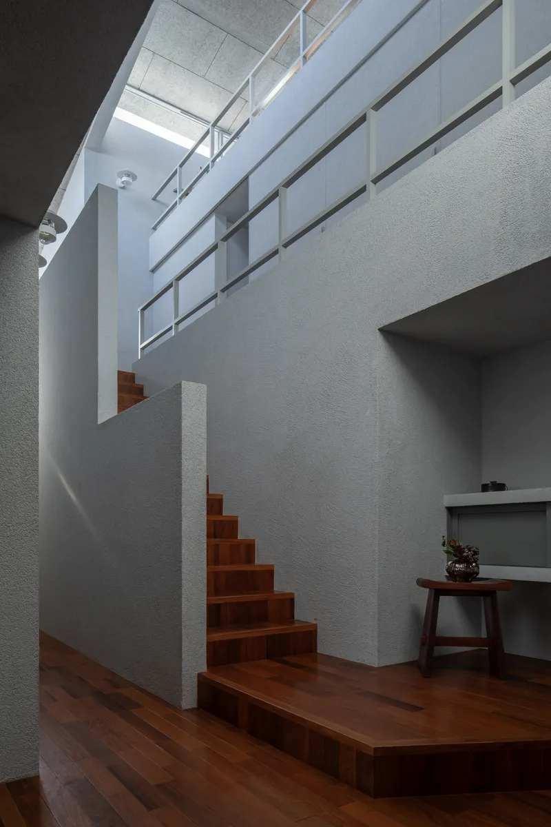 Double-height white stairwell with timber treads and skylight casting bright midday shadows