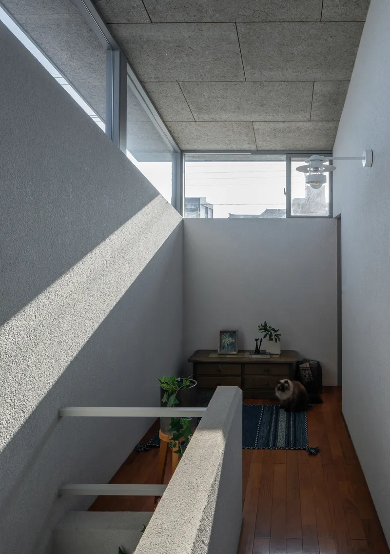 Stepped interior seating nook with concrete bench and wood flooring warmed by angled sunlight