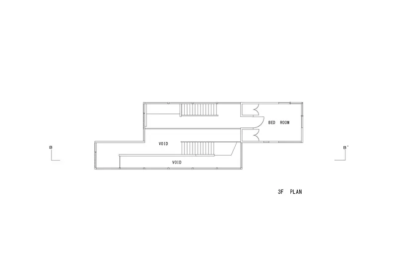 Third floor plan drawing showing a single bedroom with double-height voids flanking the staircase