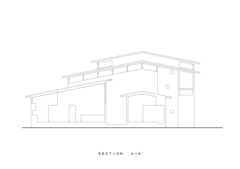 Section drawing showing the three-story residence with stepped rooflines and interior volumes