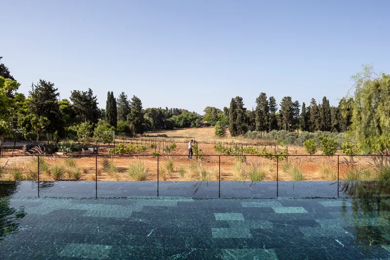 Glass balustrade at pool edge with views across a wire fence toward the open agricultural landscape