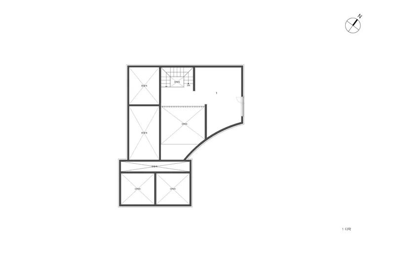 Attic floor plan drawing indicating roof slopes and a central stair with single open room