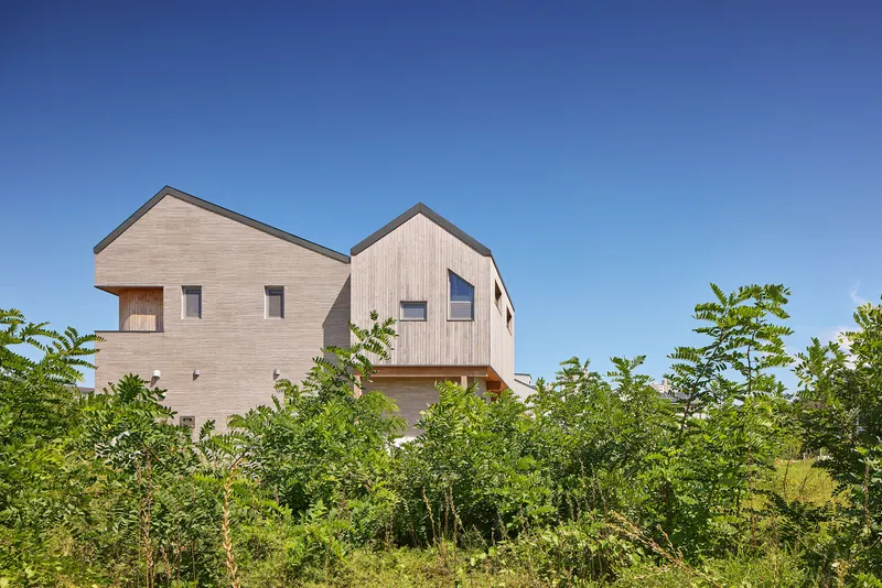 Clustered gabled volumes clad in vertical timber and brick siding framed by young trees