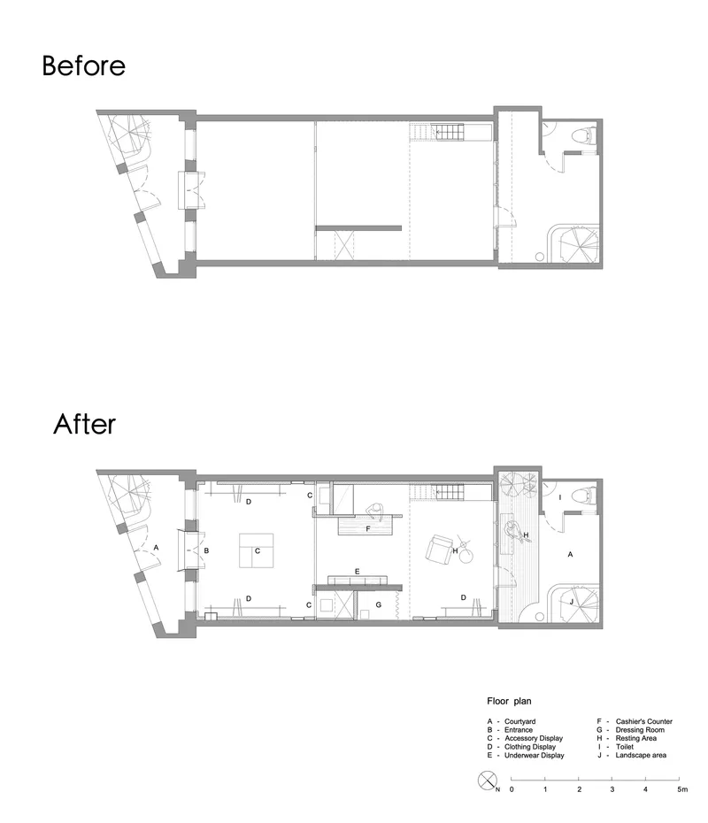 Floor plan drawing showing before and after layouts of the narrow infill space