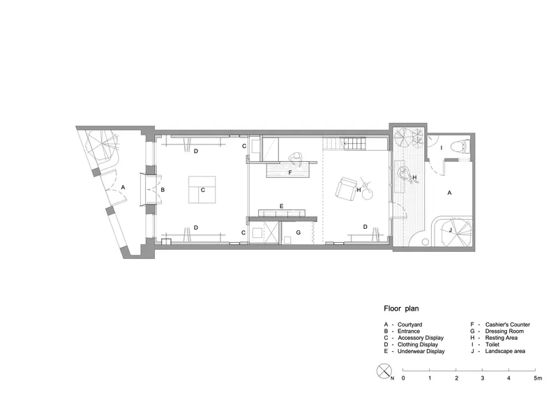 Floor plan drawing showing the spatial organization with central courtyard and labeled program zones
