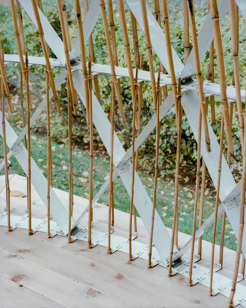 Close-up of bamboo poles and white aluminum bracing with green vegetation visible beyond
