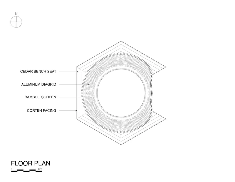 Floor plan drawing showing circular central space within hexagonal perimeter with labeled material layers