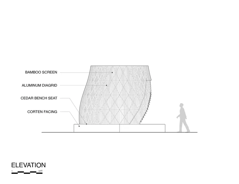 Elevation drawing showing hexagonal pavilion section with bamboo screen and figure for scale