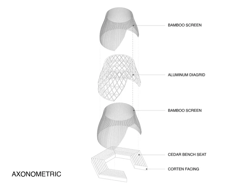 Axonometric drawing showing exploded layers of bamboo screen, aluminum diagrid, cedar bench, and corten facing