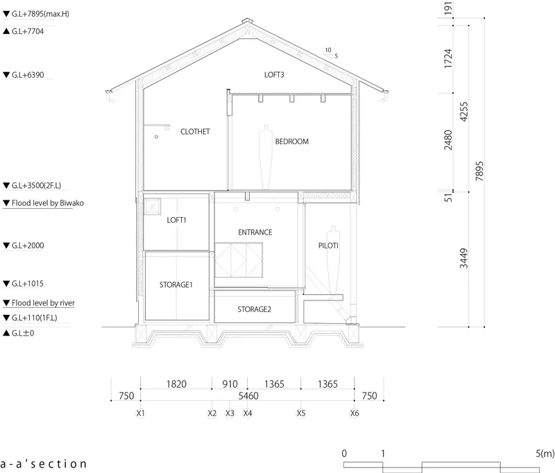 Section drawing revealing the interior organization with storage, entrance, piloti, and upper bedroom with loft