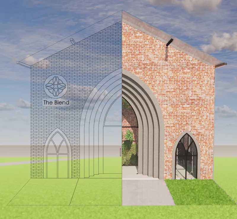 A dramatic entrance façade merges pointed Gothic arches, exposed brickwork, and modern glazing to establish a memorable arrival experience.