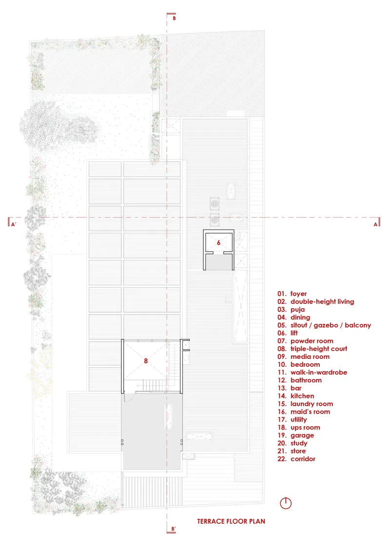 Terrace floor plan drawing showing the roof layout with numbered rooms and landscaped edges