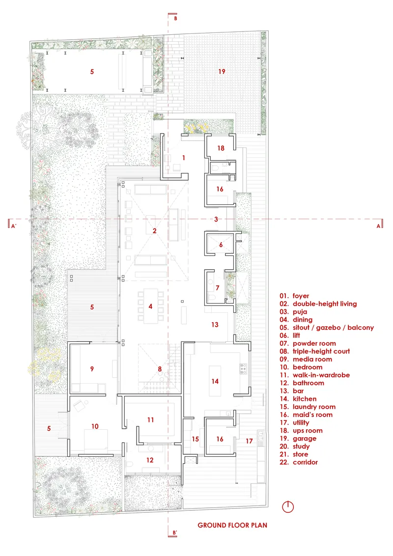 Ground floor plan drawing depicting the main living spaces with numbered rooms and surrounding planted areas