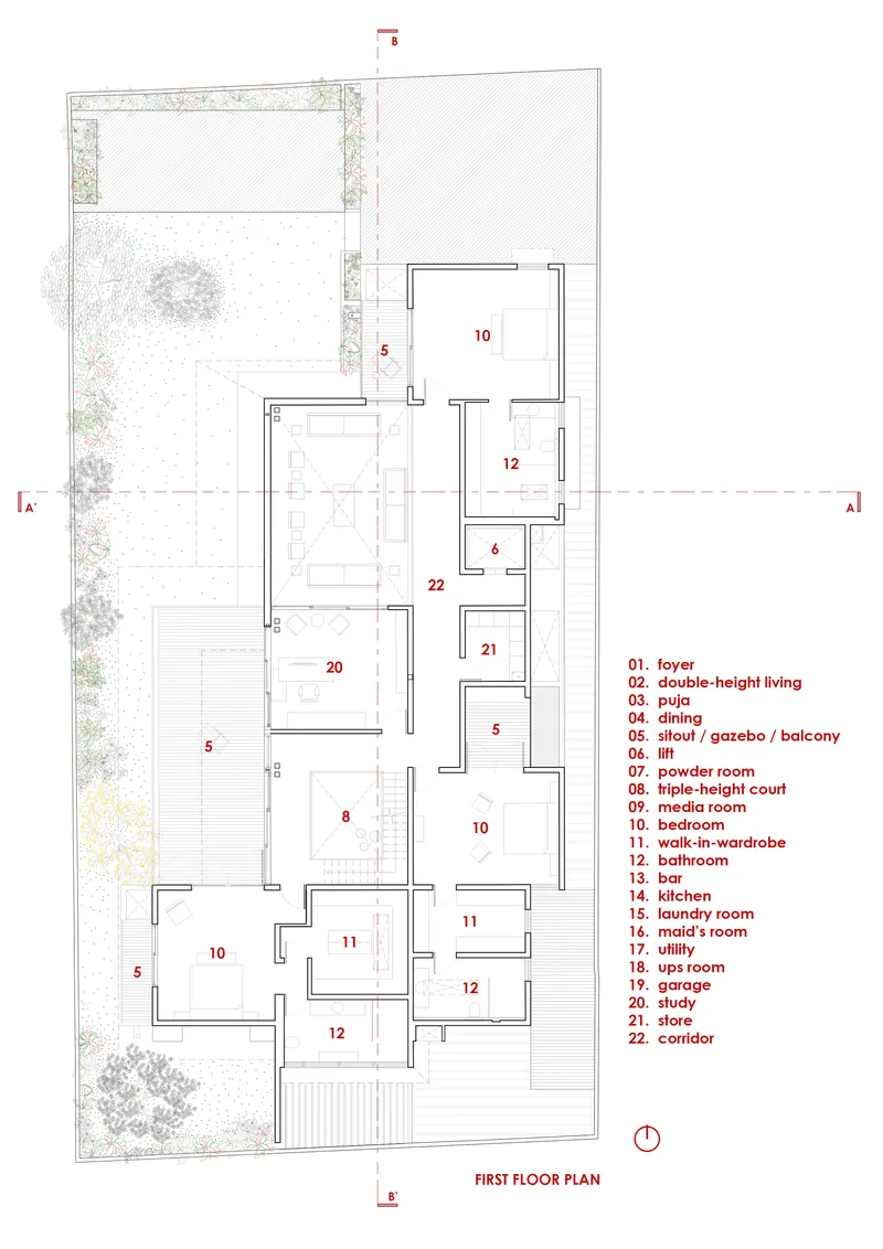 First floor plan drawing showing the bedroom level with numbered rooms and balconies overlooking the landscape