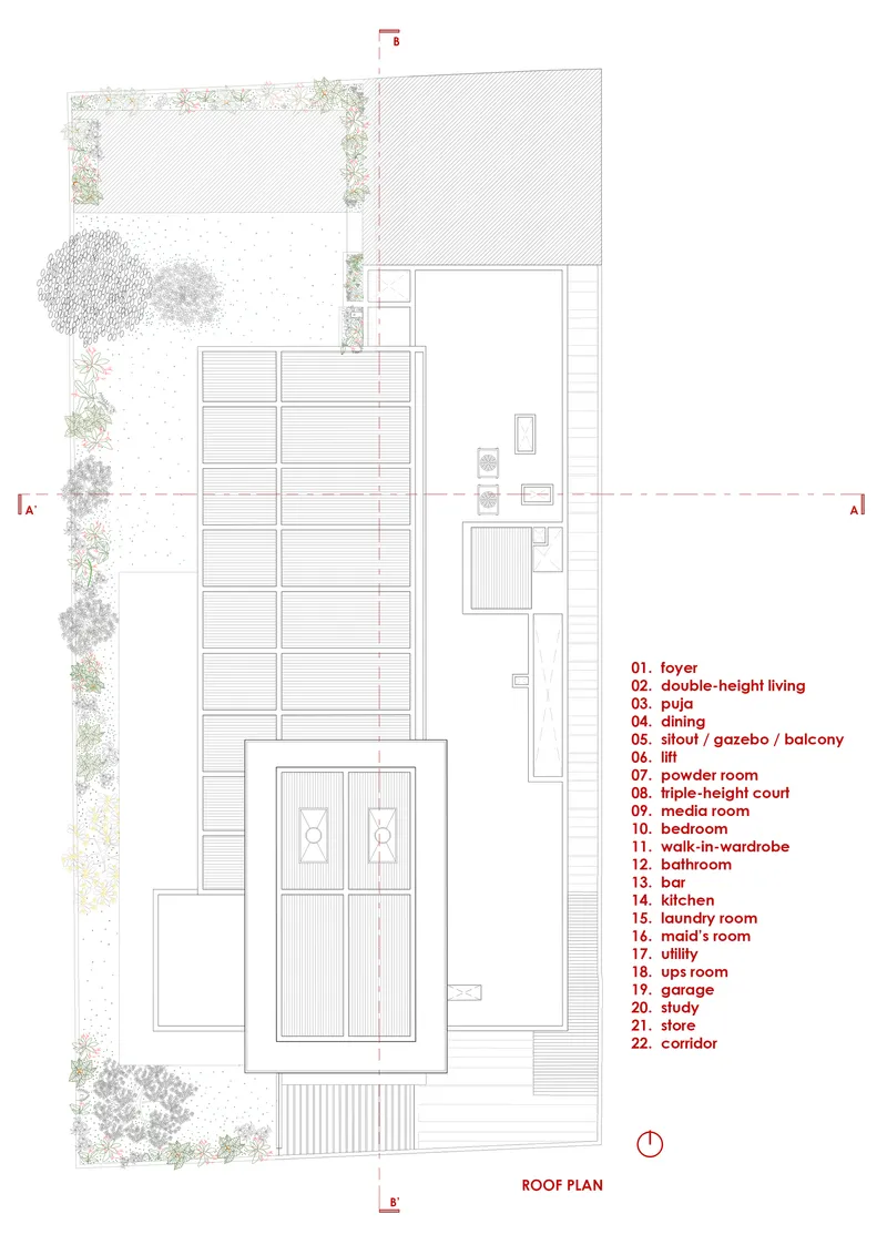 Roof plan drawing showing rectangular volumes with courtyard spaces and surrounding trees