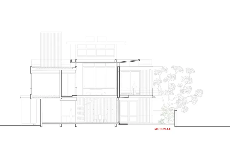 Section drawing revealing split-level interiors with vertical circulation and adjacent trees