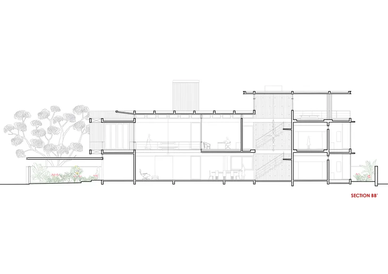 Longitudinal section drawing showing multiple floor levels with staircase and flanking vegetation