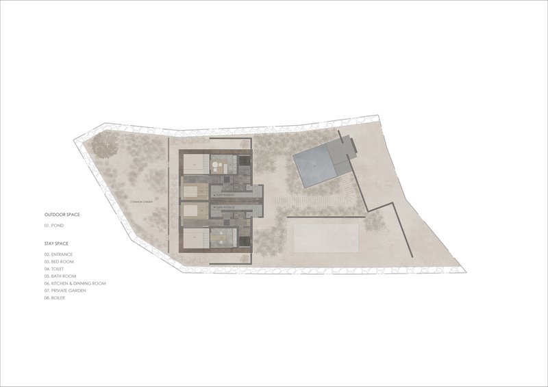 Floor plan drawing showing rectangular volumes arranged around a courtyard and pond on sloped site