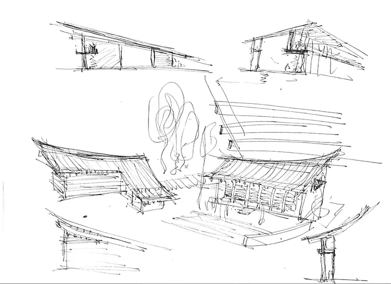 Sketch showing curved roofs with overhangs, columns, and trees arranged around a central courtyard