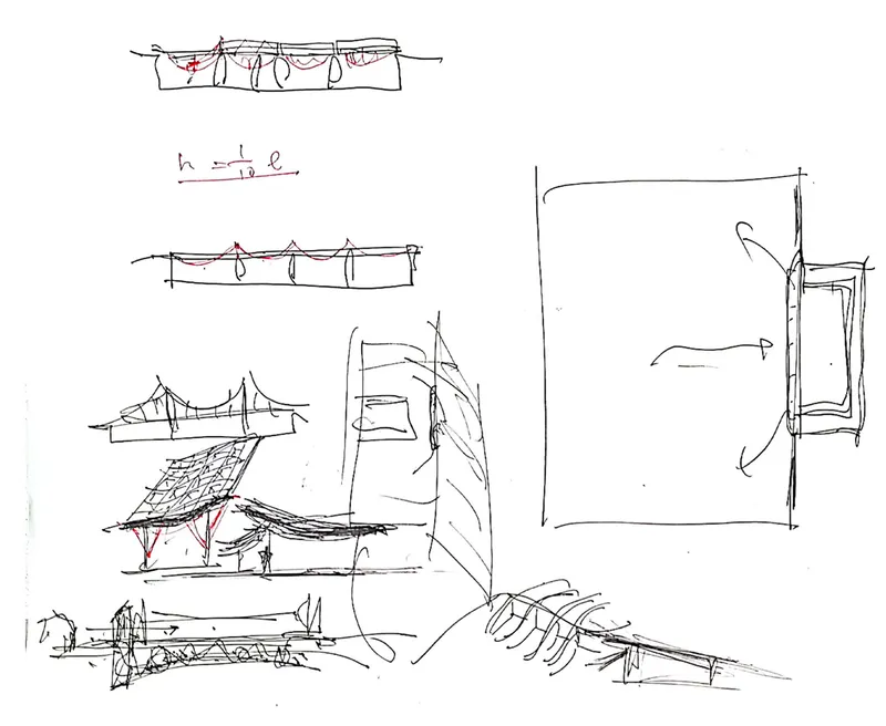 Sketch study exploring curved rooflines, structural sections, and spatial relationships with handwritten notes