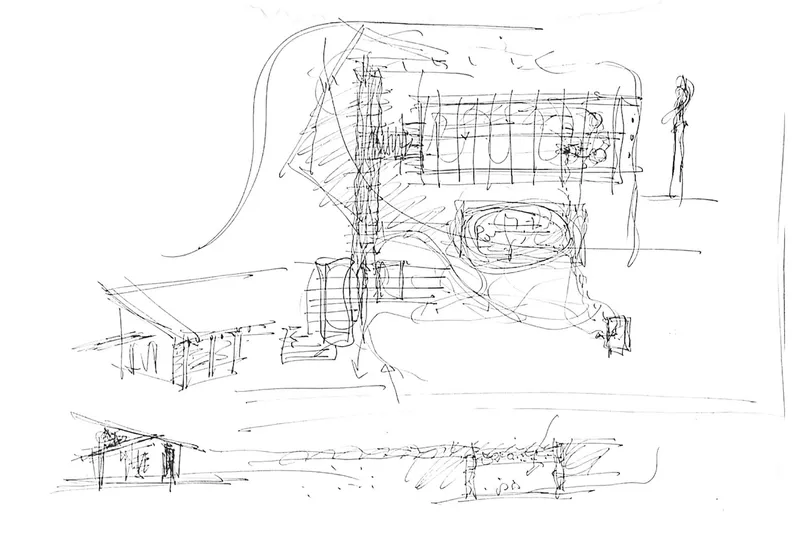 Sketch showing layered curved roofs with columns, tower element, and spatial flow between volumes