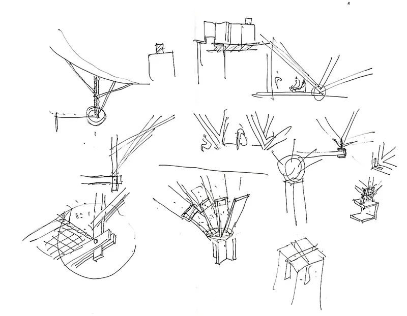 Sketch studies showing various structural connection details between timber columns and curved roof elements
