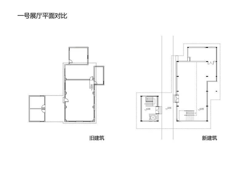 Floor plan comparison drawing showing existing and new building layouts with stairs and room divisions