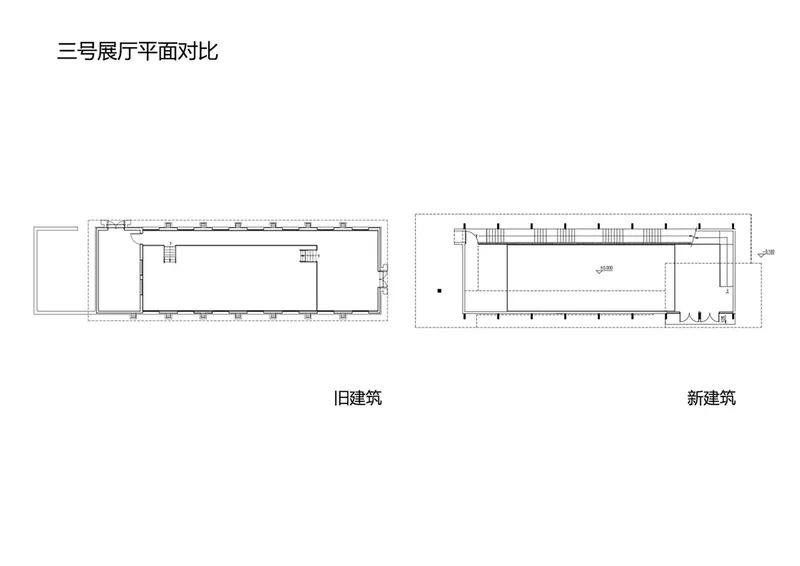 Floor plan comparison drawing showing elongated existing and new building footprints with stair locations