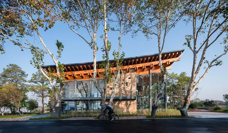 Street view of the rammed earth and timber facade with exposed rafters framed by white birch trees as a cyclist passes